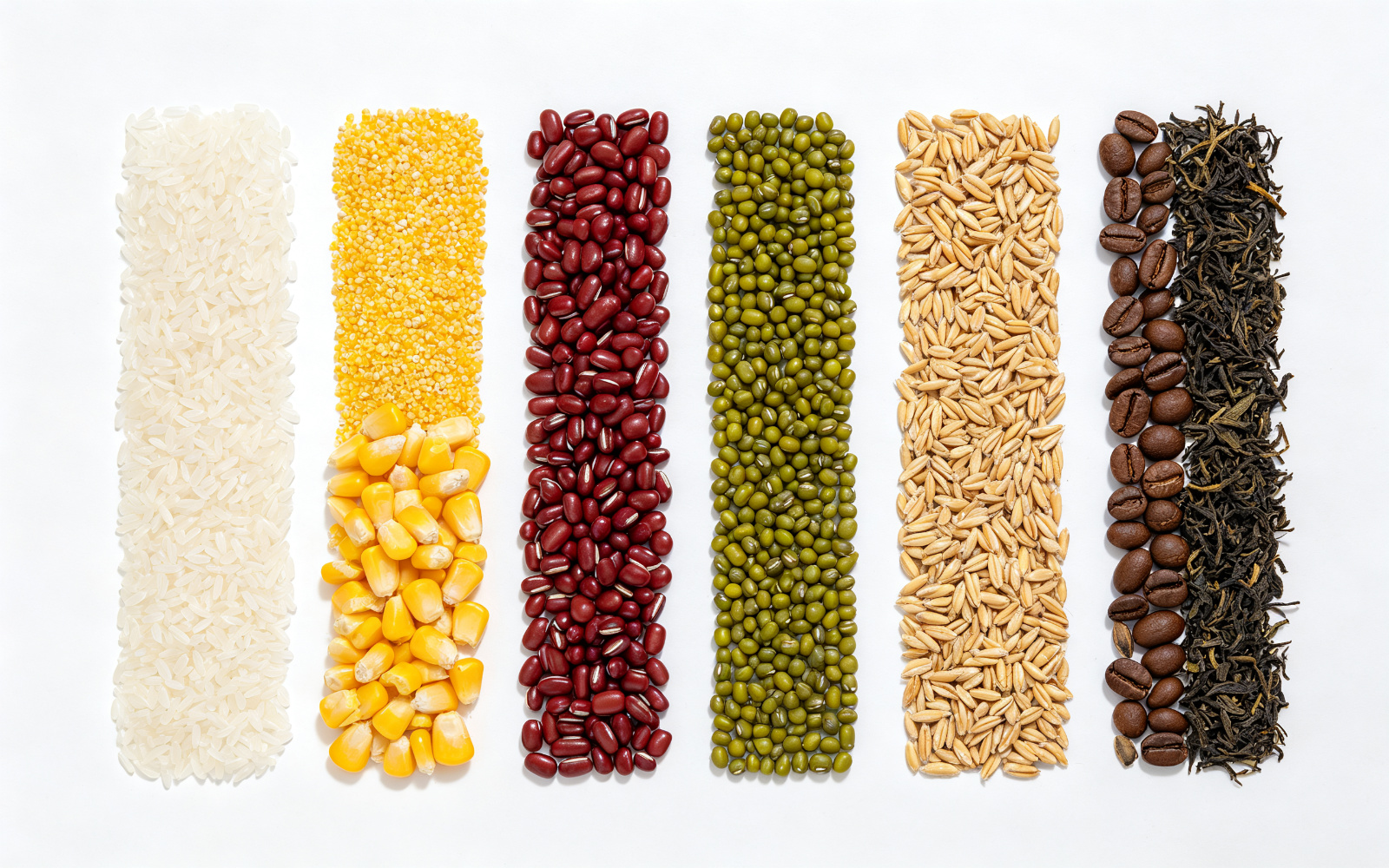 Various sorted grains and seeds including rice, corn, beans, wheat, coffee and tea