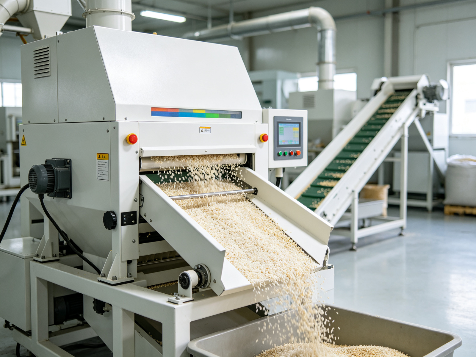 Mini color sorter machine sorting rice in a modern grain processing facility