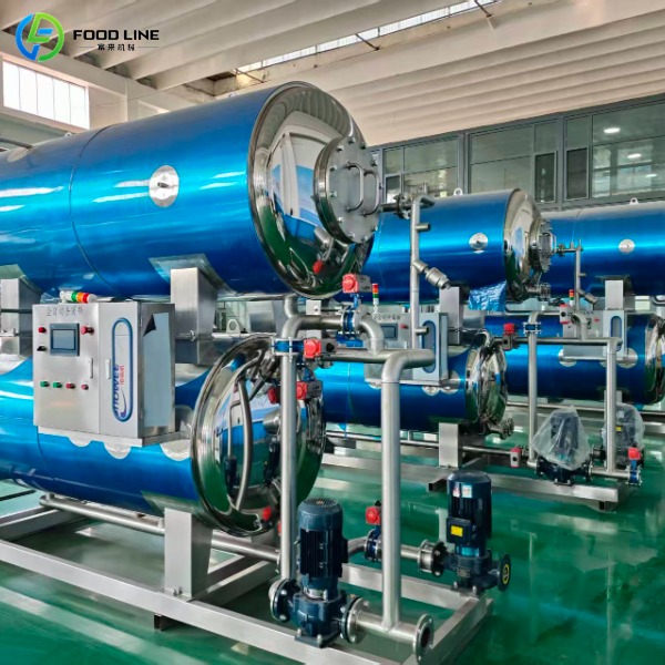Row of retort sterilizers in factory setting