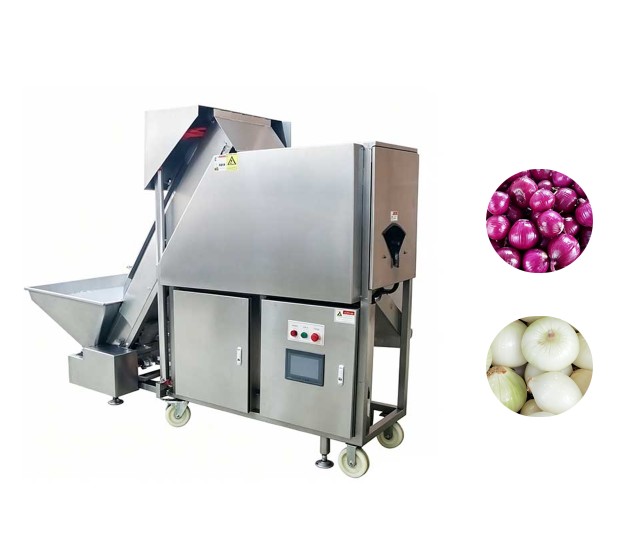 Automatic onion peeling machine with feeding hopper and touchscreen
