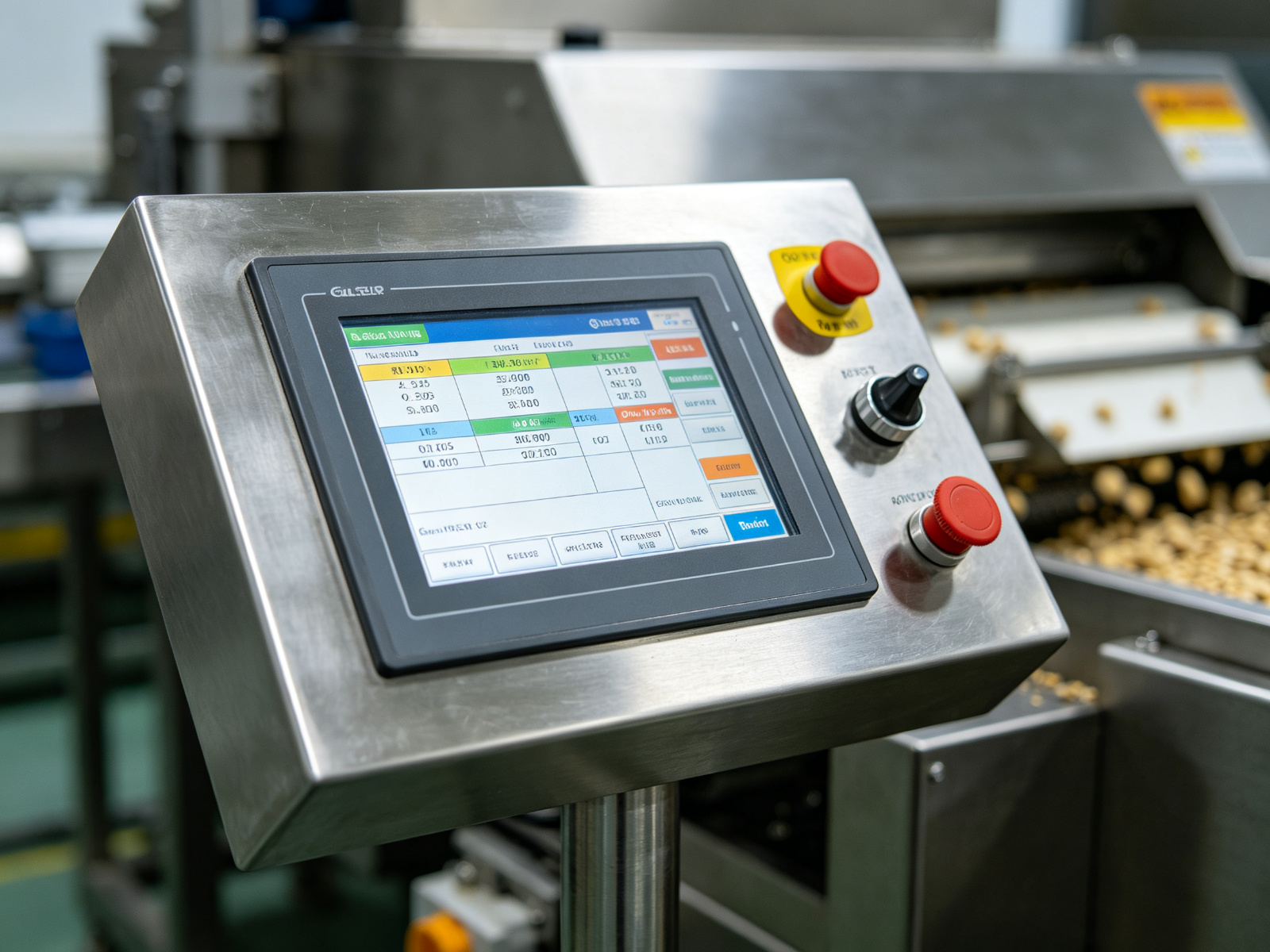 Close-up of color sorter touchscreen control panel with digital interface