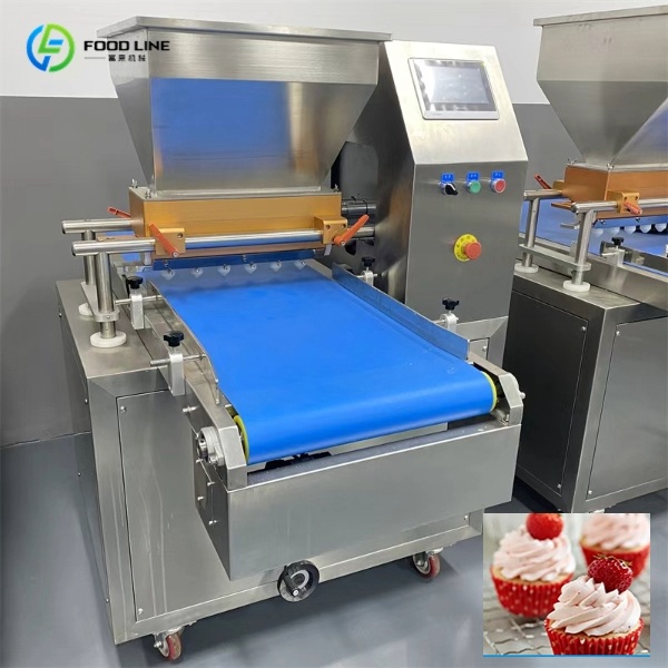 Cupcake filling machine operating in modern bakery factory production line