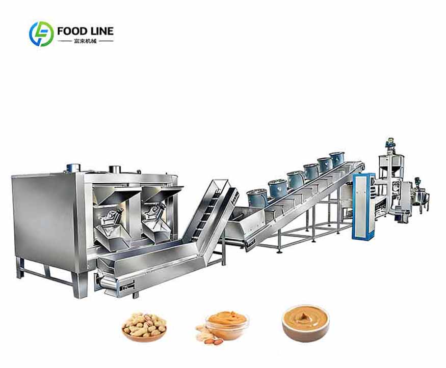 Complete peanut butter processing line with roaster, conveyor and grinding equipment