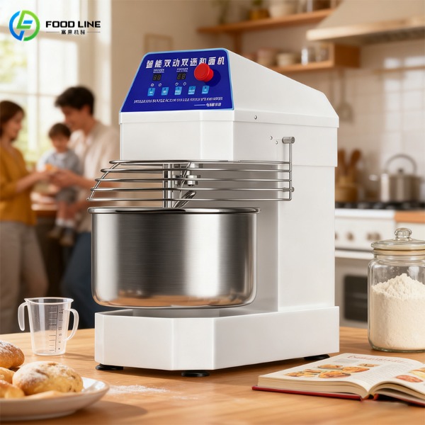 Dough mixer in warm home kitchen setting
