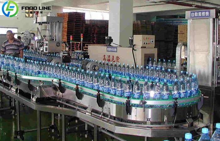 Complete bottled water production line in factory