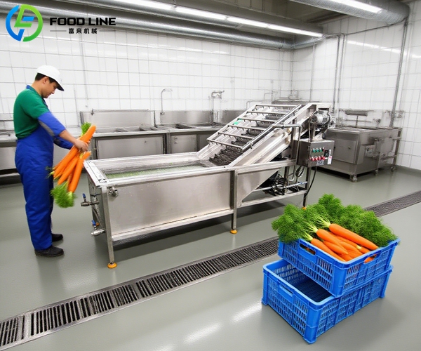 Worker loading carrots into bubble washer